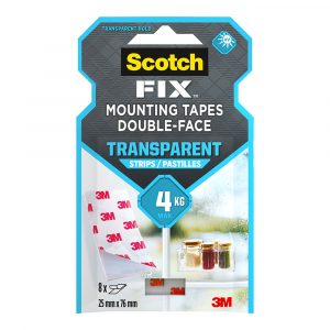 TIRA ADHESIVA DOBLE CARA TRANSPARENTE, MÁX 4 Kg, 25 mm x 76 mm, 8 uds